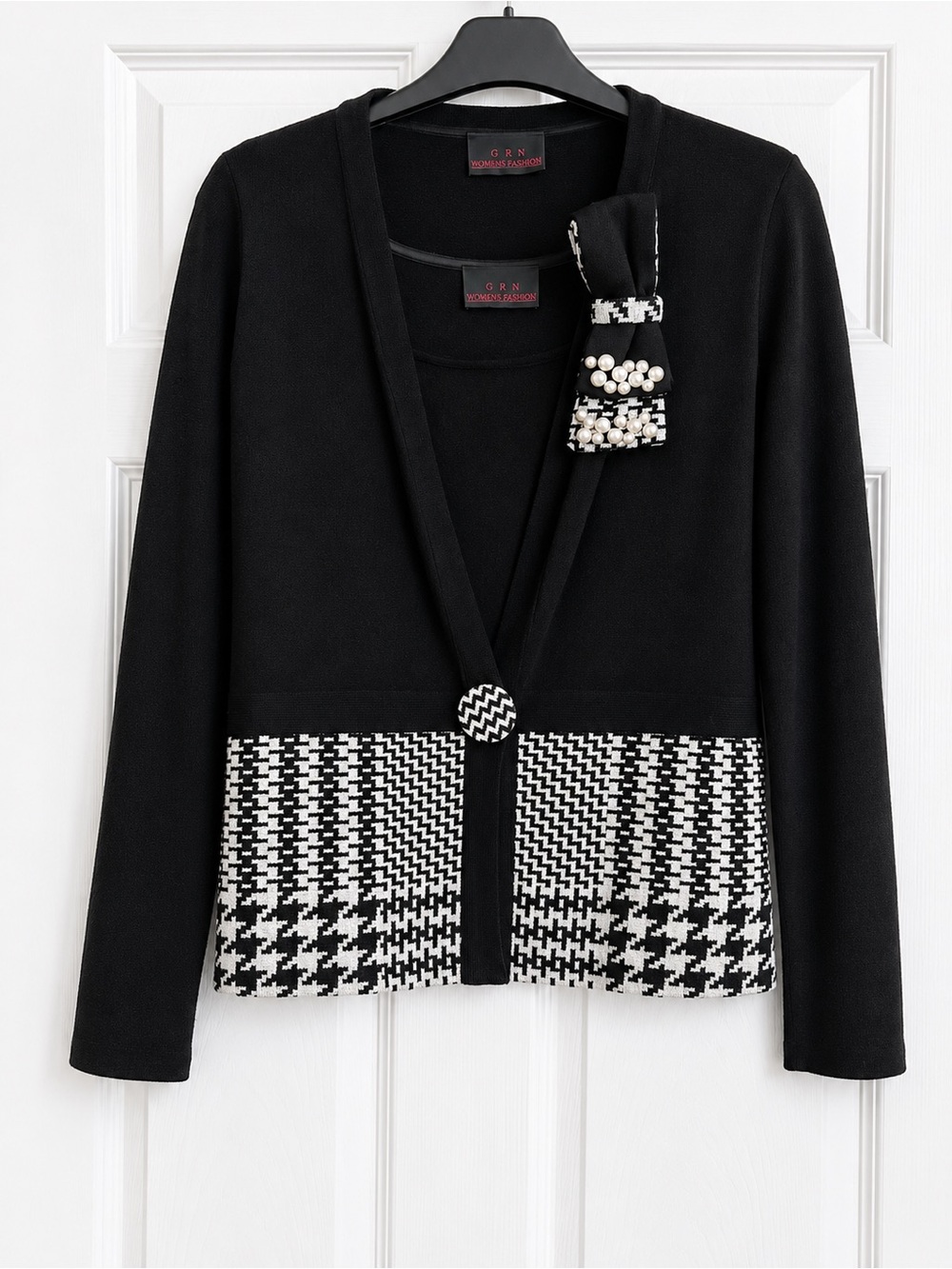 Black & White Houndstooth-Trim Women's Blazer Jacket and shell